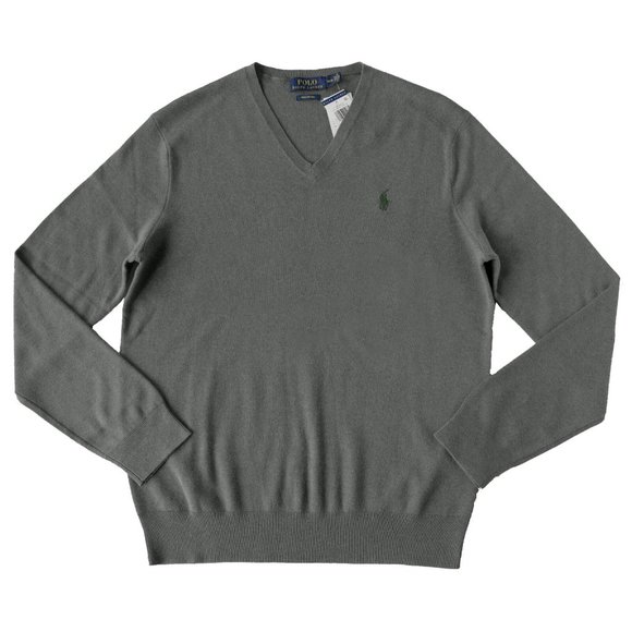 NEW Polo Ralph Lauren Pima Cotton Sweater! Heather Gray Green Polo Player V Neck - Picture 1 of 2